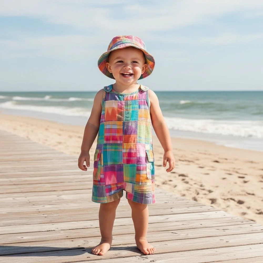 NWT Polo Ralph‎ Lauren Baby Boy Madras Patchwork Romper with Matching Hat Preppy